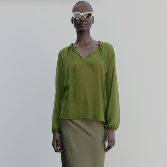 ZARA SEMI-SHEER TIED BLOUSE - Picture 1 of 5